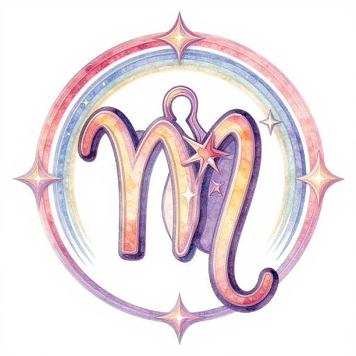 Watercolor-style Scorpio symbol with a pink, purple, and yellow gradient, surrounded by a glowing, rainbow-colored circle with sparkling stars.