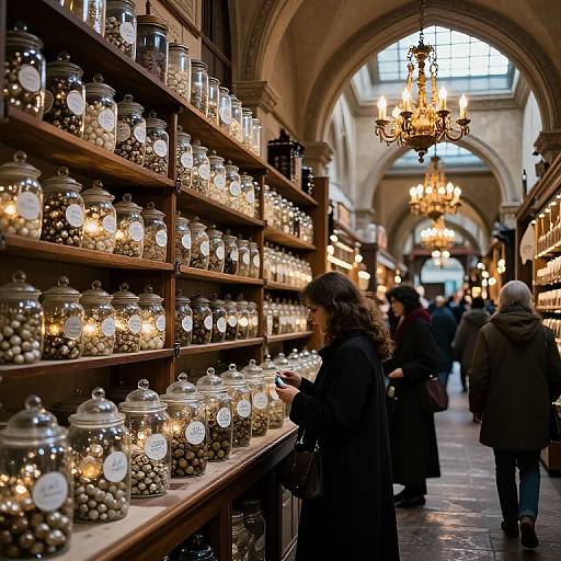 Photograph of a dimly lit, arched indoor market with wooden shelves of glass jars filled with white pebbles, lit by warm chandel