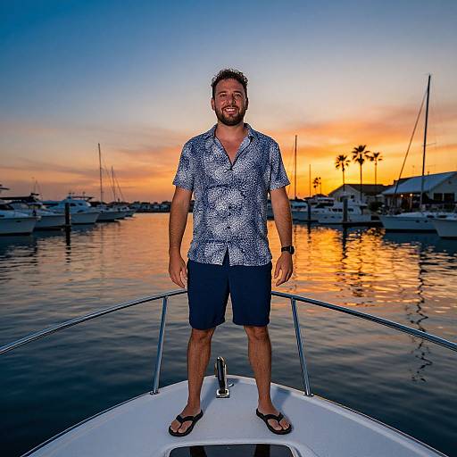 Photograph of a smiling man with short brown hair and beard, wearing a blue patterned shirt, black shorts, and sandals, standing on a boat