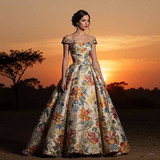 Woman in Floral Gown at Sunset
