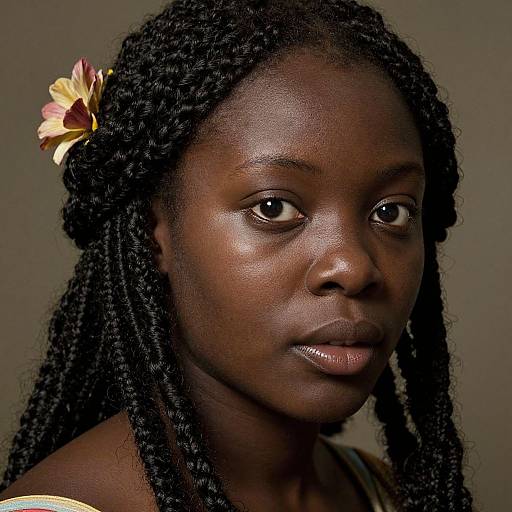 Photograph of a dark-skinned woman with long, tightly coiled black hair, adorned with a yellow and pink flower, serious expression, neutral background