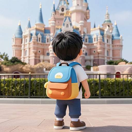 CGI image of a small boy with black hair, blue and orange backpack, white shirt, blue pants, brown shoes, facing a colorful castle in