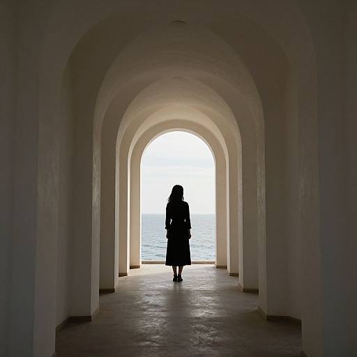 Silhouette of a person in a long coat standing in a white, arched, stone tunnel with a bright, sunlit sea beyond.