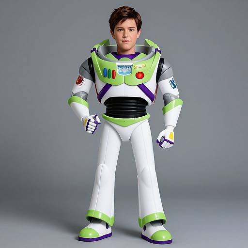 Photorealistic CGI of a young white man with short brown hair, wearing a colorful, futuristic astronaut suit with green, white, black, and purple