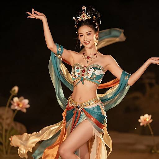 Photograph of an Asian dancer in vibrant, ornate traditional costume with blue, gold, and orange fabrics, wearing a floral headpiece, smiling,