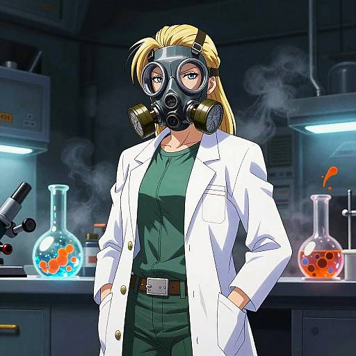Anime-style digital illustration of a blonde woman in a white lab coat and green shirt, wearing a black gas mask in a dark lab. Lab equipment and