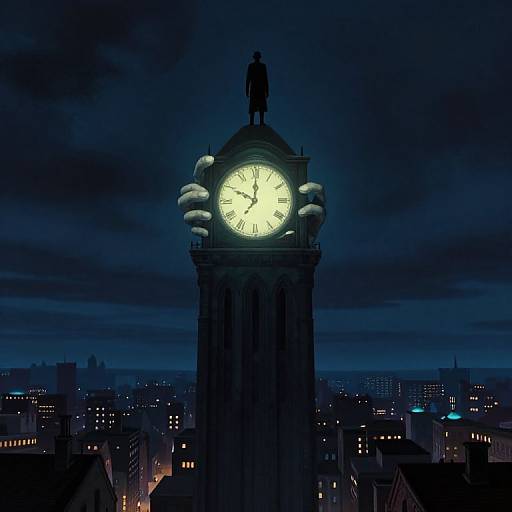 Nighttime photograph of a illuminated clock tower with a glowing white face, silhouetted against a dark, cloudy sky and cityscape below.