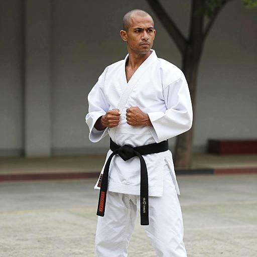Photograph of a middle-aged, bald, Hispanic man in a white karate gi with a black belt, standing outdoors, fists clenched, focused