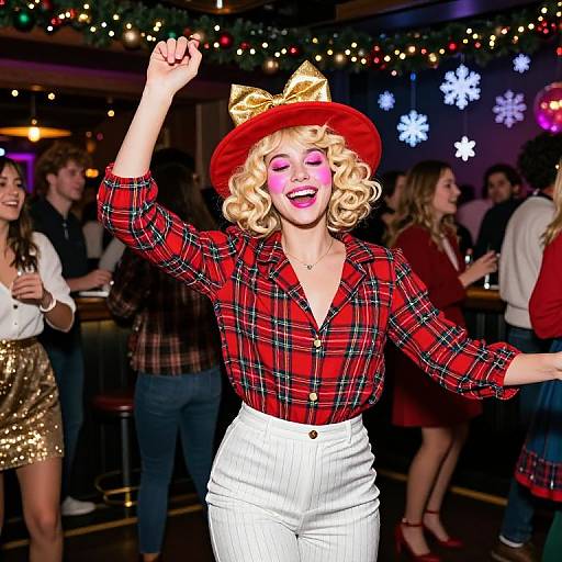 Photograph of a blonde woman in a red hat, red plaid shirt, white pinstriped pants, dancing with a joyful expression in a