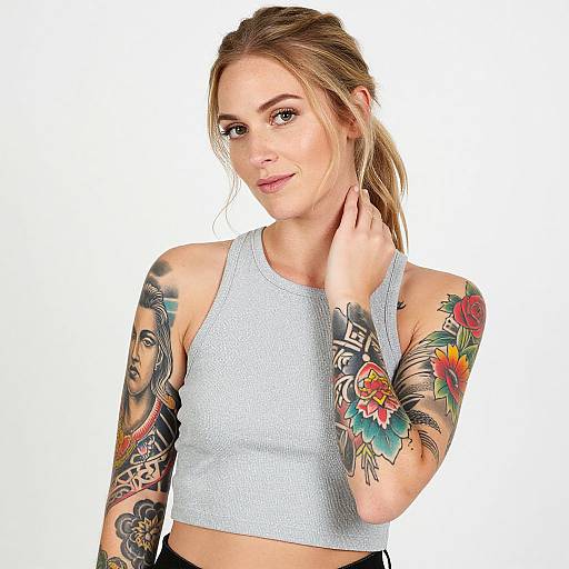 Photograph of a smiling woman with light brown hair in a ponytail, wearing a white crop top, showcasing colorful tattoos on her arms and shoulders,