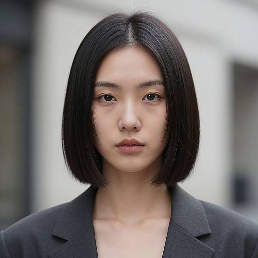 Photograph of an East Asian woman with straight, black bob haircut, wearing a black blazer, staring directly at the camera with a neutral expression,