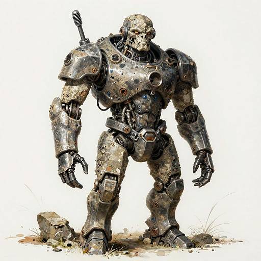 Detailed digital illustration of a weathered, humanoid robot with rusted, bolted armor and exposed mechanical parts, standing on grass with rocks.