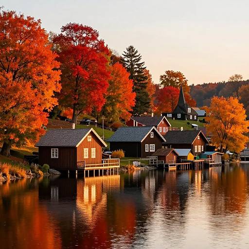 Photograph of a picturesque lakeside village with vibrant autumn trees, red and orange foliage, wooden houses reflecting on calm water, and a small church st