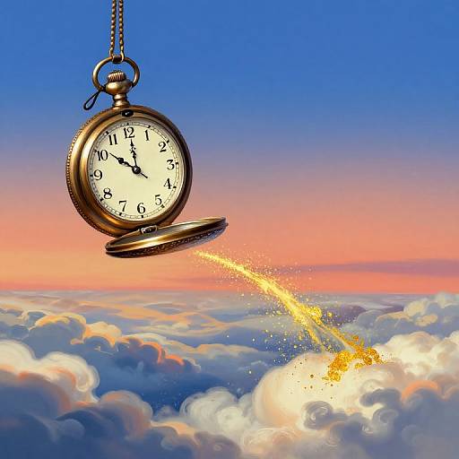 Vintage pocket watch suspended above a sky filled with fluffy clouds, shooting a golden stream of time into the sunset.