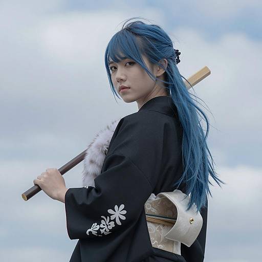 Intense Asian Woman in Black Kimono