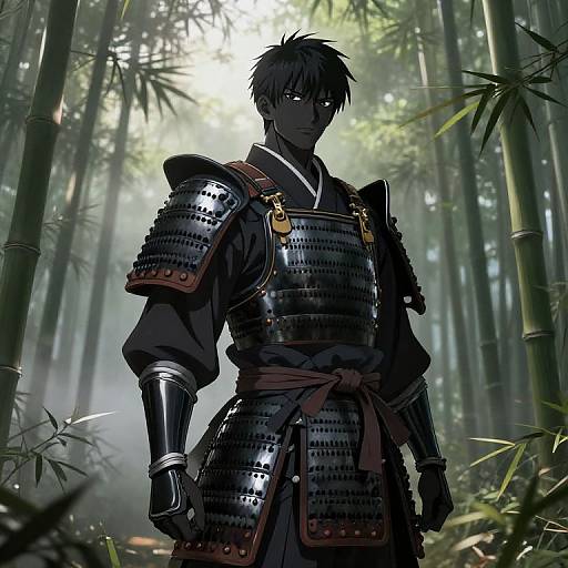 Black Anime Samurai in Misty Bamboo