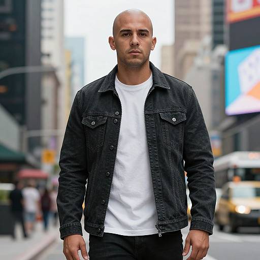 Photograph of a bald, serious-looking man in a black denim jacket and white t-shirt standing on a busy urban street. Blurred cityscape and