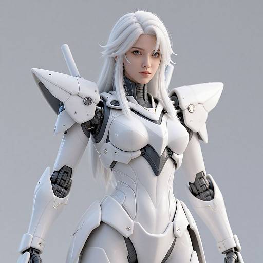 CGI image of a white-haired woman in white, futuristic, armored suit with black accents and shoulder plates, standing against a plain gray background.