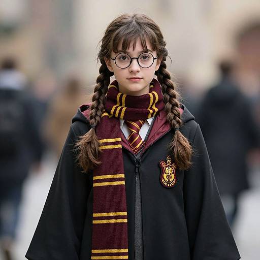 Photograph of a young girl with braided brown hair, round glasses, and a Hogwarts robe, wearing a maroon and gold striped scarf, standing