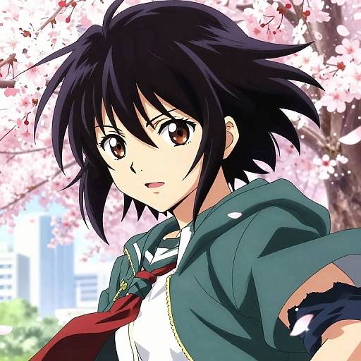 Anime-style digital drawing of a black-haired, brown-eyed character with a green jacket and red tie, surrounded by blooming cherry blossoms.