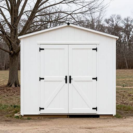 White Garden Shed in Leafless Landscape