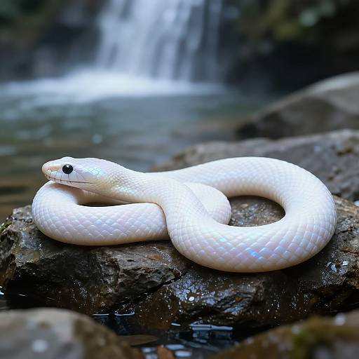 Iridescent White Snake by Waterfall