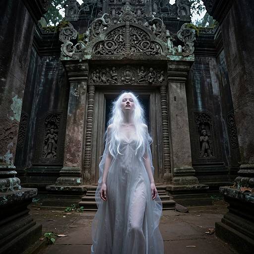 Photograph of a pale, ethereal woman with long white hair, wearing a translucent white dress, standing in a dark, ancient stone temple with intricate