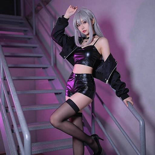 Silver-Haired Woman Neon Staircase