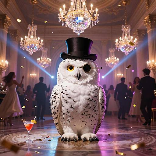 Photograph of a white owl with black spots, wearing a black top hat, standing on a dance floor with chandeliers, colorful lights, and