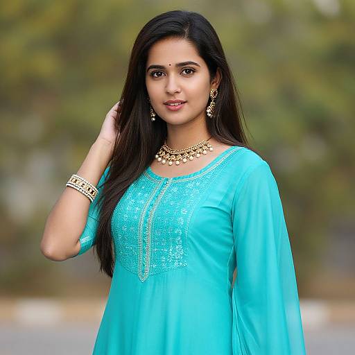 Photograph of a beautiful South Asian woman with long black hair, wearing a turquoise traditional outfit with gold embroidery, jewelry, and a confident smile, standing