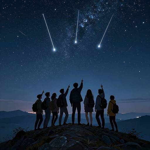 Silhouetted hikers pointing at a starry night sky with shooting stars over a mountainous landscape, blue and dark tones dominate.
