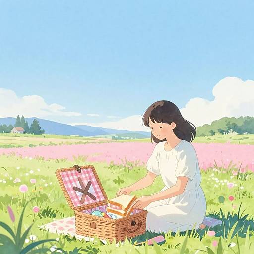 Anime-style digital drawing of a smiling girl with black hair, wearing a white dress, sitting in a sunlit field, packing a pink-checkered picnic