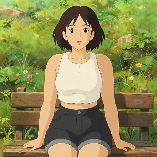 Curvy Woman in Casual Summer Outfit in Studio Ghibli Style