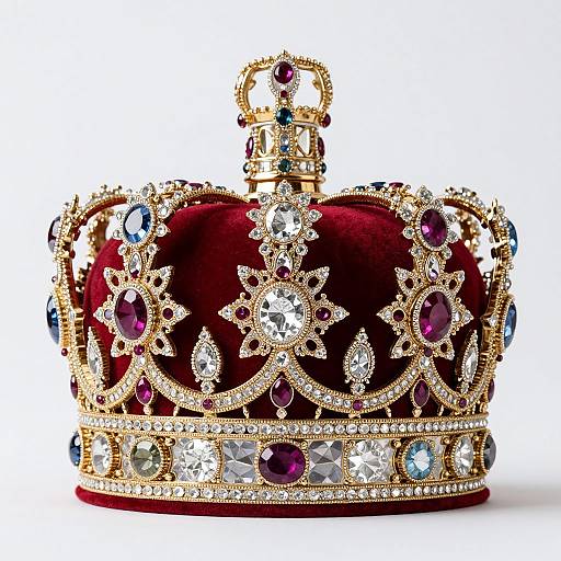 Photograph of an ornate, red velvet crown adorned with gold, jeweled floral patterns, featuring rubies, sapphires, and diamonds