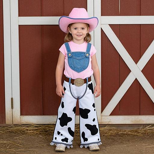 Photograph of a young girl in a pink cowboy hat, blue denim vest, cow-print pants, and western boots, standing in front of a red