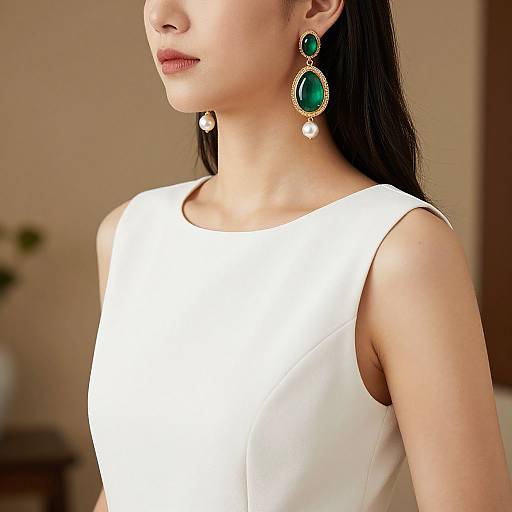 Photograph of an Asian woman with long black hair, wearing a sleeveless white dress, and large green oval earrings with gold detailing.