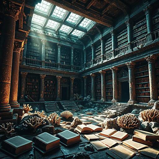 Sunken Ancient Library with Coral Encrustations