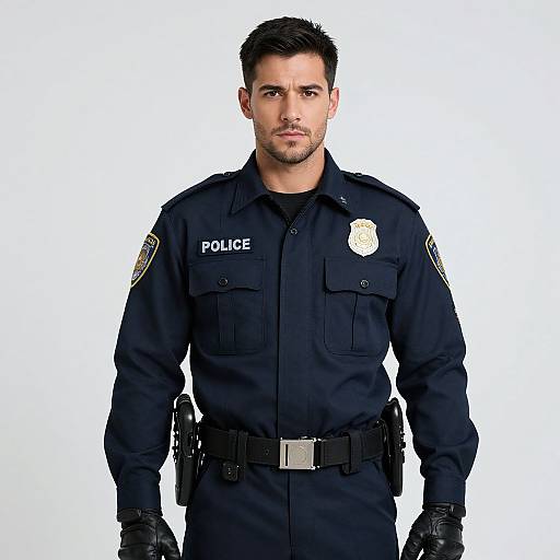 Photograph of a handsome, muscular male police officer with short dark hair, wearing a dark navy uniform, badge, and black gloves, against a white
