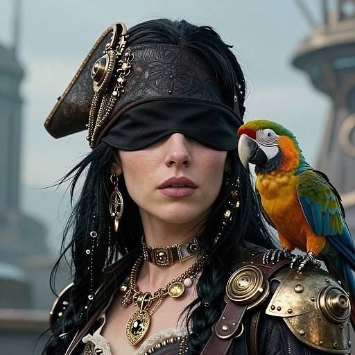 Steampunk woman with black blindfold, long dark hair, gold jewelry, and parrot on shoulder, against a blurred cityscape background. Digital