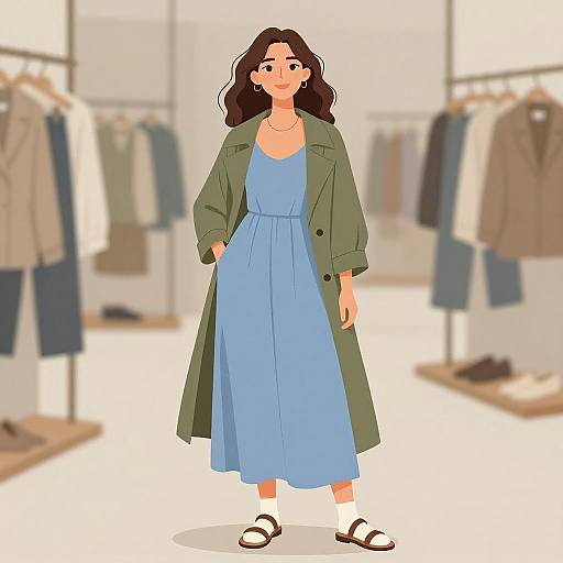 Digital illustration of a woman with wavy brown hair, wearing a blue dress, green coat, and black sandals, standing in a brightly lit clothing store