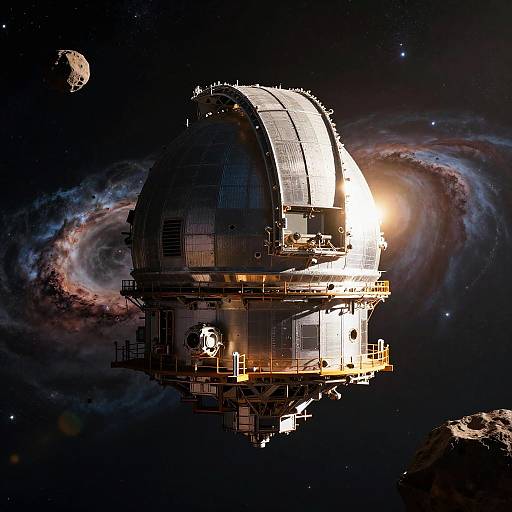 Photorealistic CGI of a telescope in space, illuminated by a bright star near a swirling galaxy and a distant planet.