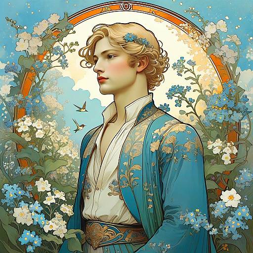 Art Nouveau Man in Garden with Forget-Me-Nots