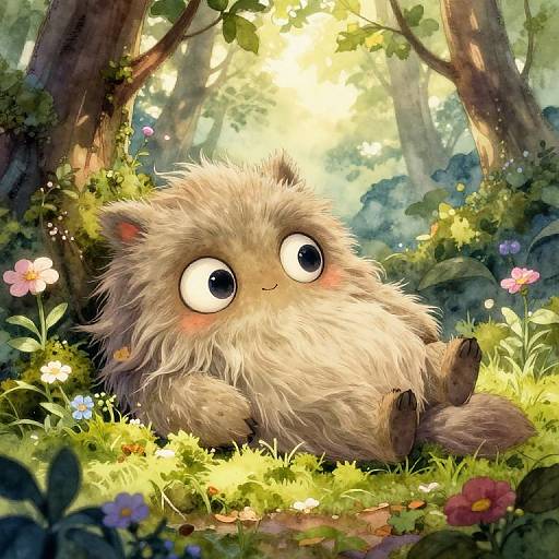 Cute, fluffy, wide-eyed forest creature with light brown fur sits in sunlit, colorful meadow surrounded by flowers and tall trees. Digital illustration