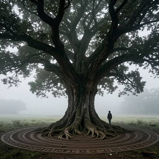 Photograph of a massive, dark tree with sprawling roots, centered in a foggy field, with a small, solitary figure standing to the right.