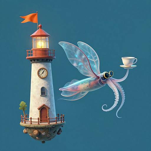 Digital artwork: A whimsical squid with translucent wings and a teacup flies beside a white lighthouse with a red roof and flag on a blue