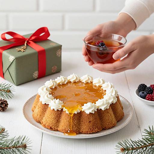 Photograph of a hand pouring syrup over a round, caramel-topped cake with white frosting, beside a green gift box with red ribbon, and berries