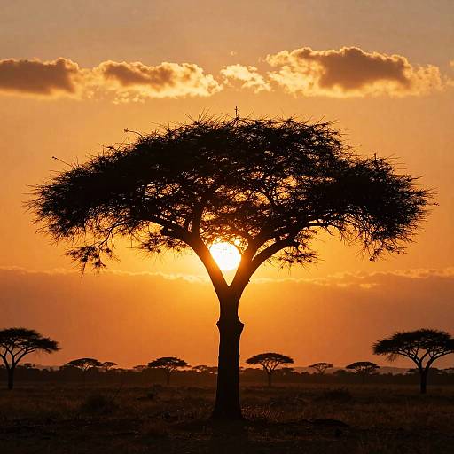 Photograph of a silhouetted acacia tree with a bright orange sunset behind it, scattered clouds, and distant trees in the horizon.