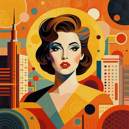 Digital pop art portrait of a fair-skinned woman with red lips, brown wavy hair, and blue eyeshadow, set against a vibrant orange