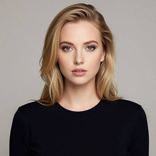 Photograph of a young Caucasian woman with light blonde hair, blue eyes, and fair skin, wearing a black top, against a plain gray background.