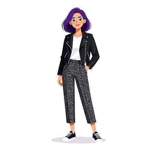 Digital illustration of a young woman with purple hair, wearing a black leather jacket, white shirt, black speckled pants, and black sneakers, standing